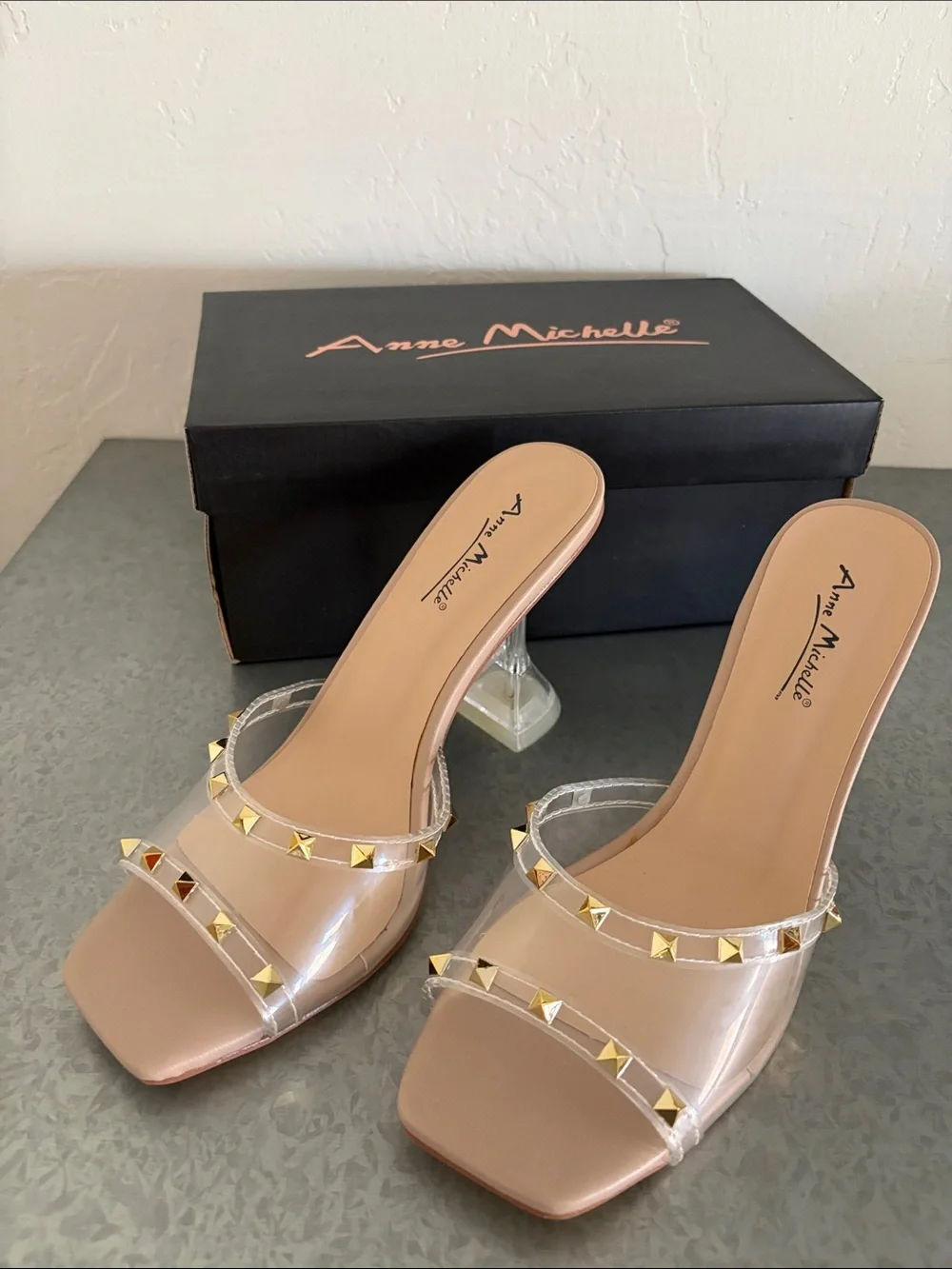Anne Michelle Pleasure-08 Clear Studded Heels Nude Gold Size 7.5